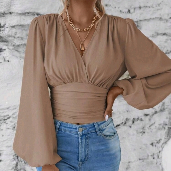 Clasi Ladies' Solid Color Simple V-Neck Long Sleeve Shirt For Daily Wear,L - Picture 3 of 7